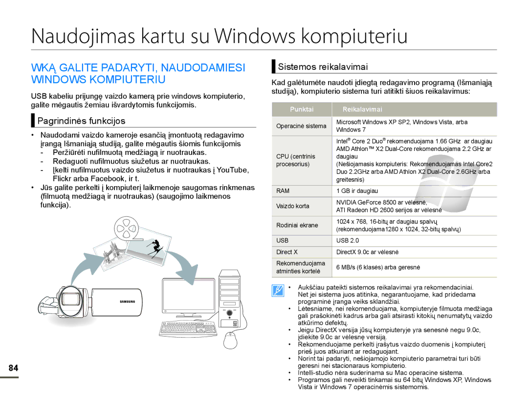 Samsung HMX-F80BP/EDC manual Naudojimas kartu su Windows kompiuteriu, 3DJULQGLQơVIXQNFLMRV, Punktai Reikalavimai 