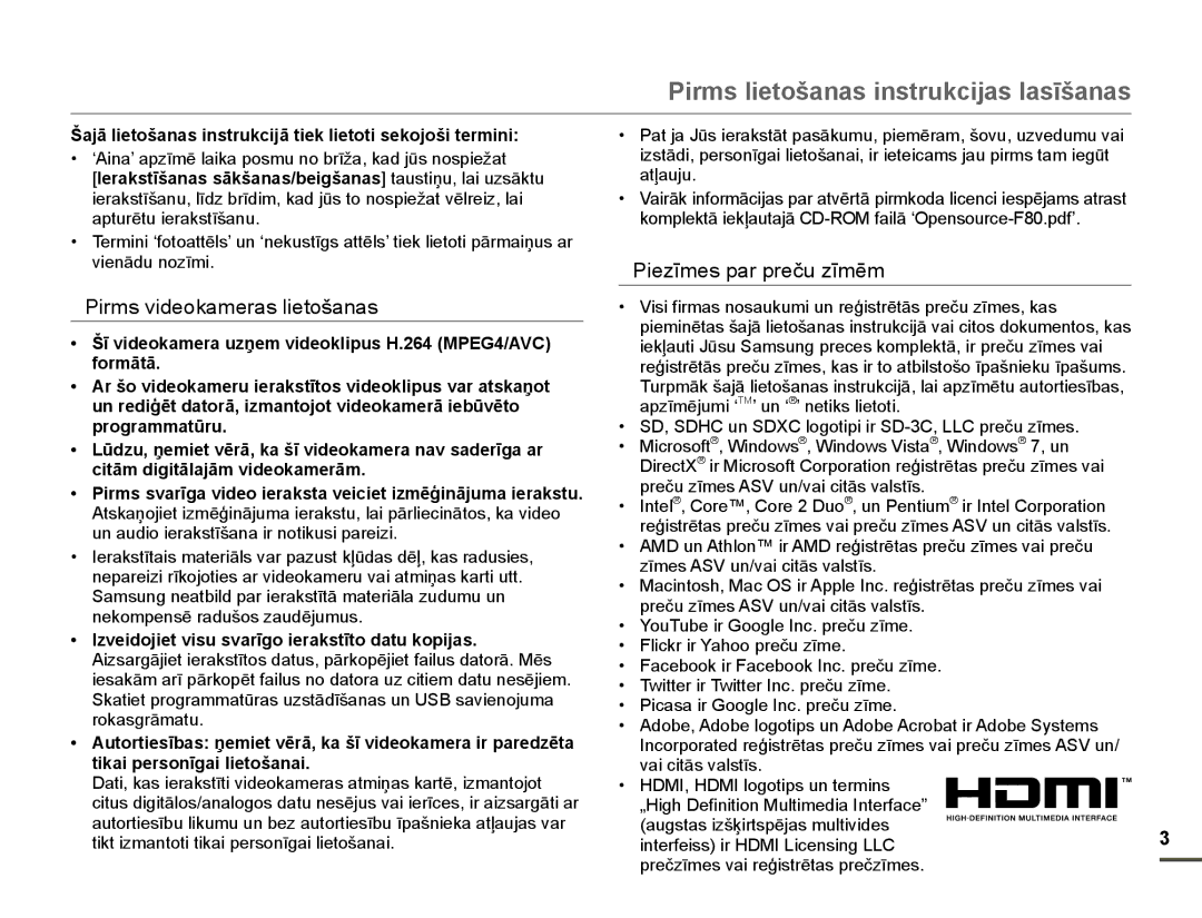 Samsung HMX-F80BP/EDC Pirms lietošanas instrukcijas lasīšanas, Pirms videokameras lietošanas, Piezīmes par preču zīmēm 