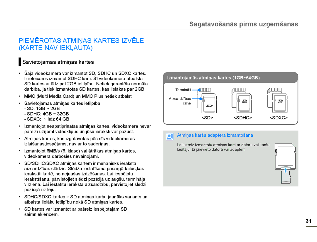 Samsung HMX-F80BP/EDC SagatavošanƗs pirms uzƼemšanas, 0Ɯ527$6$70,ƻ$6.$576,=9Ɯ/ .$571$9,.ƹ$87$, Vdlpqlhnlhuưfɲp 