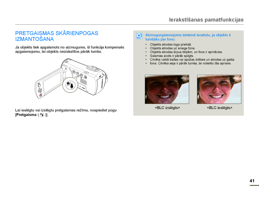 Samsung HMX-F80BP/EDC manual DSJDLVPRMXPXODLREMHNWVQHLVNDWƯWRVSƗUƗNWXPãV, %/&Lvoɲjwv, Pretgaisma 