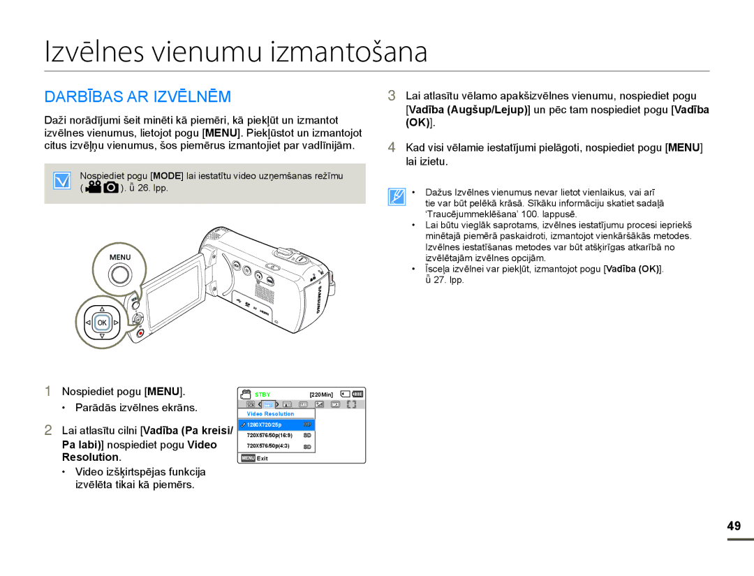 Samsung HMX-F80BP/EDC manual Izvēlnes vienumu izmantošana, $5%Ʈ%$6$5,=9Ɯ/1Ɯ0, OdlLlhwx, LyɲoɲwdmɨpLyɲoqhvRsflmɨp 