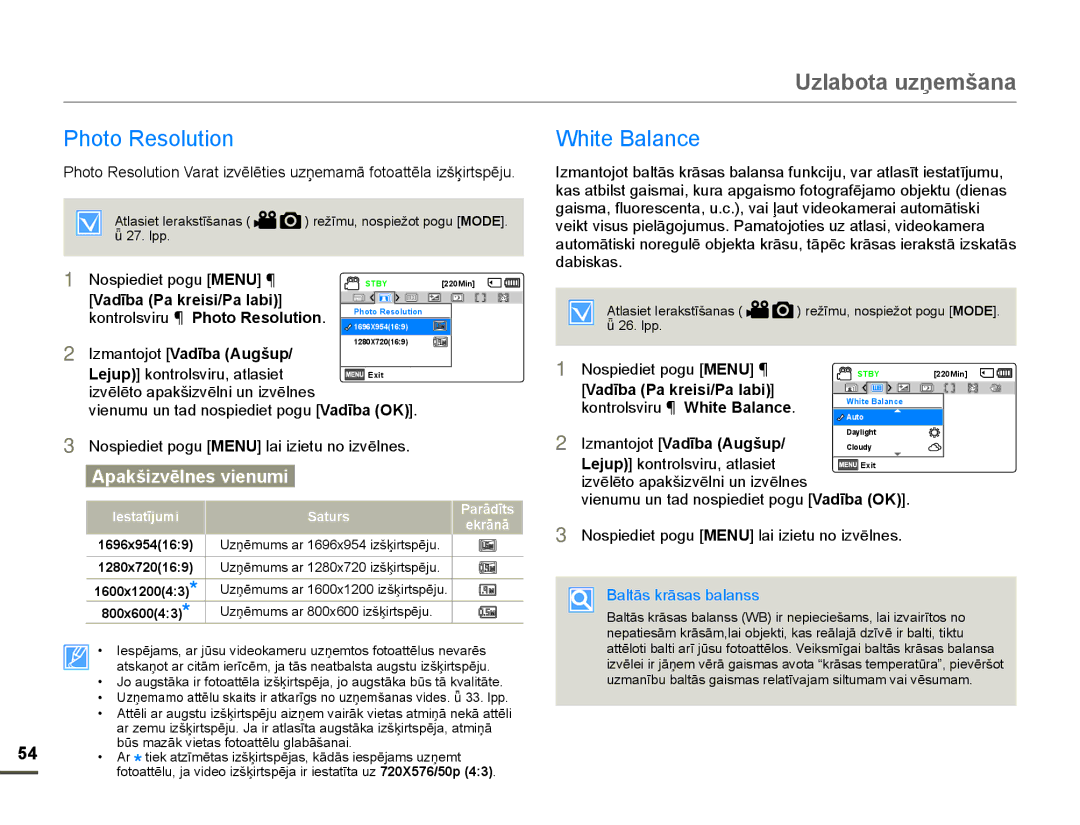 Samsung HMX-F80BP/EDC manual 3KRWR5HVROXWLRQ, Klwh%Dodqfh, VadƯba Pa kreisi/Pa labi @, Gdelvndv 