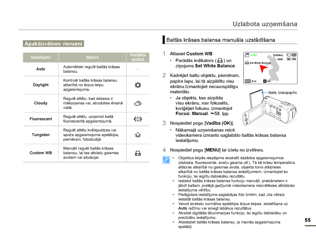 Samsung HMX-F80BP/EDC manual DOWƗVNUƗVDVEDODQVDPDQXƗODXVWƗGƯãDQD, LƼRMXPVSet White Balance 