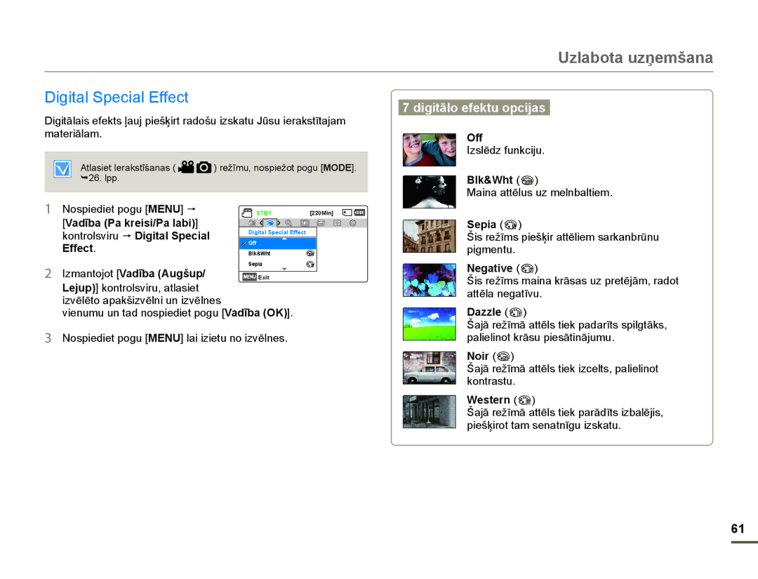 Samsung HMX-F80BP/EDC manual LJLWDO6SHFLDOIIHFW, DigitƗlo efektu opcijas, Effect, Sepia  