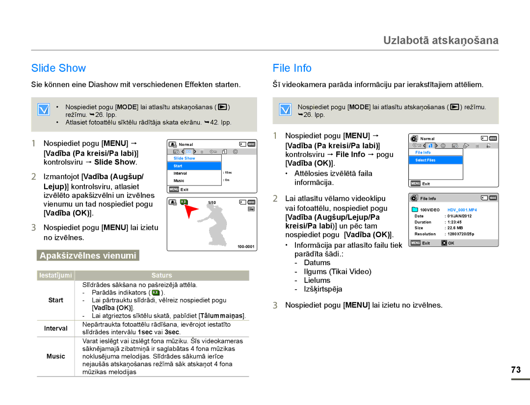 Samsung HMX-F80BP/EDC manual 6OLGH6KRZ LOH,QIR, VadƯba Augšup/Lejup/Pa, Kreisi/Pa labi@XQSƝFWDP 