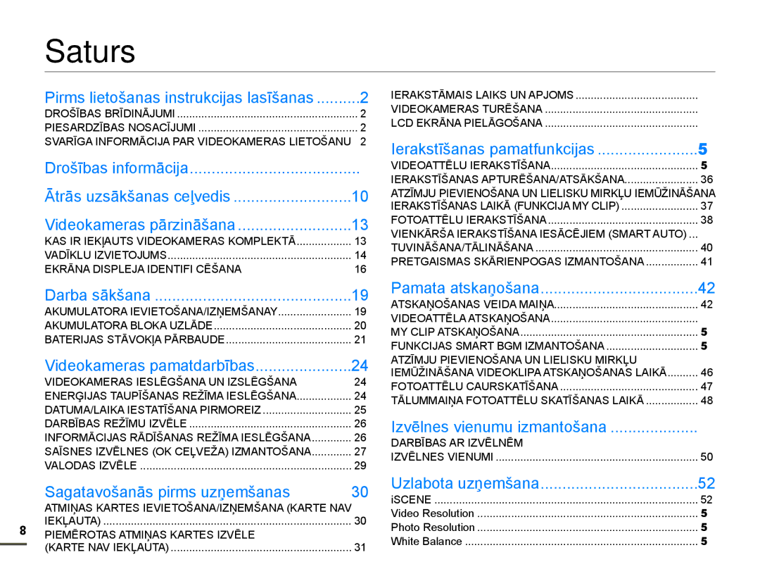 Samsung HMX-F80BP/EDC manual Saturs, 8ODERWDXƼHPãDQD 