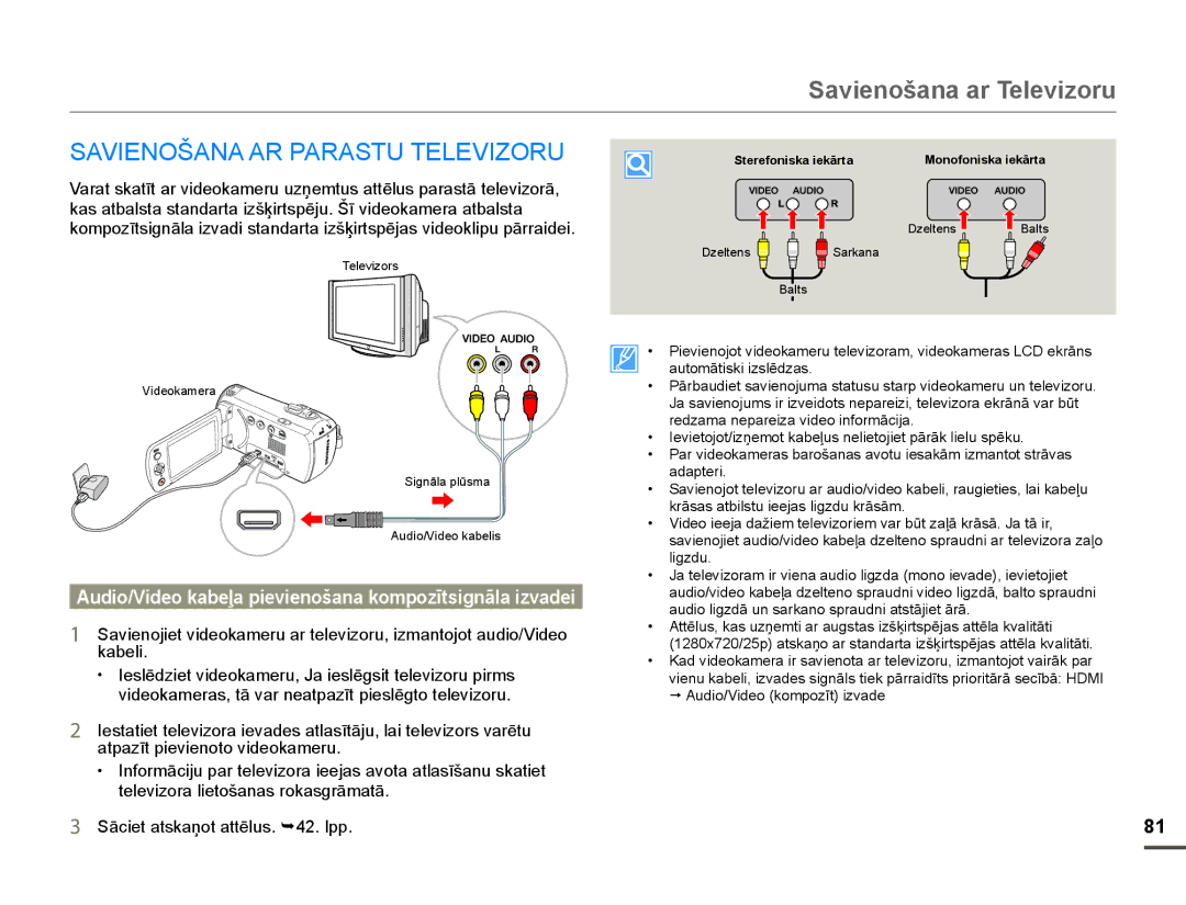 Samsung HMX-F80BP/EDC manual Savienošana ar Televizoru, $9,12â$1$$53$5$6787/9,=258, UhgdpdQhsduhldYlghrLqirupɨflmd 