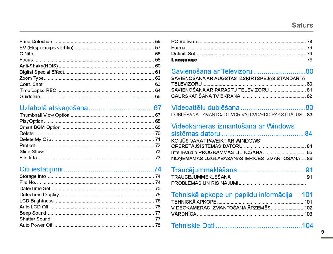 Samsung HMX-F80BP/EDC manual Saturs, 7UDXFƝMXPPHNOƝãDQD, Language 