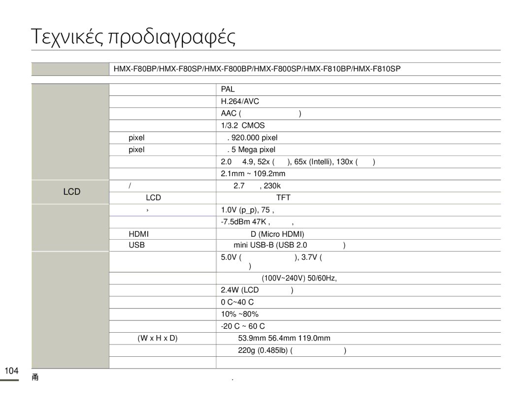 Samsung HMX-F80BP/EDC manual Τεχνικές προδιαγραφές, 104, Υποδοχές, Γενικά 