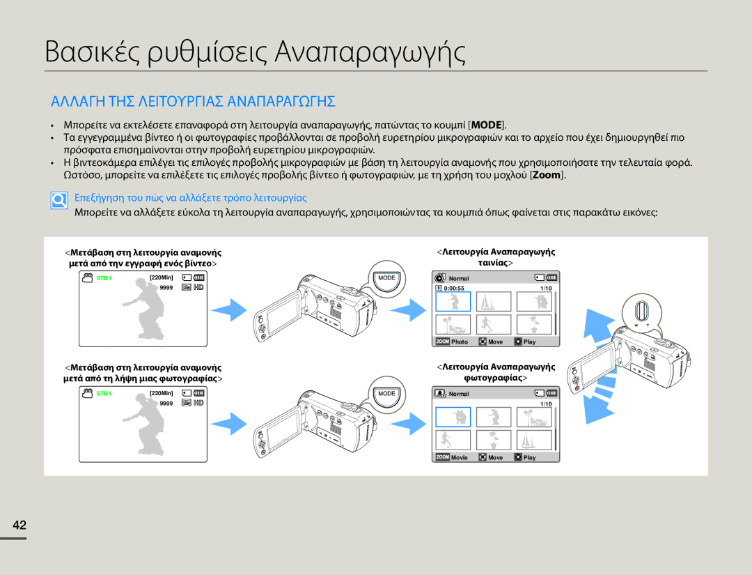 Samsung HMX-F80BP/EDC manual Βασικές ρυθμίσεις Αναπαραγωγής, Αλλαγη ΤΗΣ Λειτουργιασ Αναπαραγωγησ 