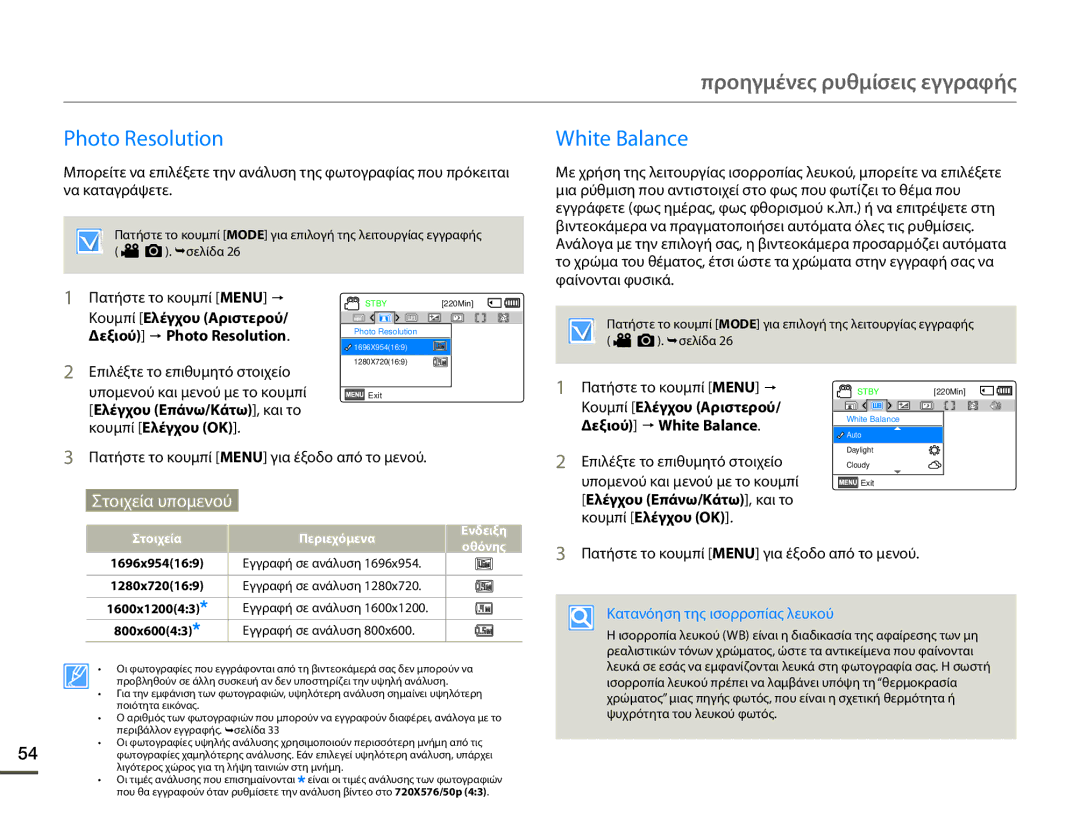 Samsung HMX-F80BP/EDC manual Photo Resolution, White Balance, Κουμπί Ελέγχου OK, Κατανόηση της ισορροπίας λευκού 