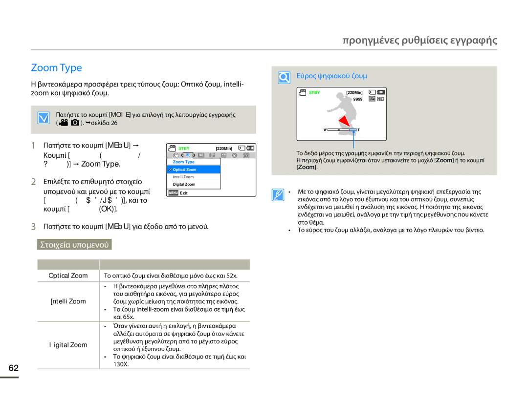 Samsung HMX-F80BP/EDC manual Εύρος ψηφιακού ζουμ, Κουμπί Ελέγχου Αριστερού/ Δεξιού p Zoom Type, Optical Zoom 