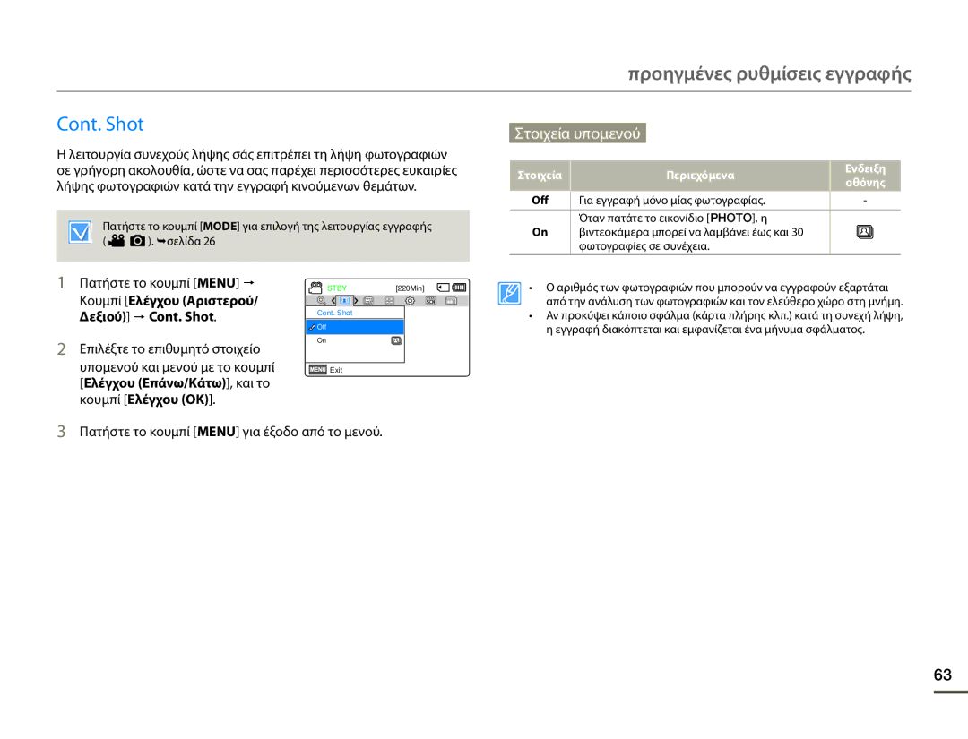 Samsung HMX-F80BP/EDC manual Κουμπί Ελέγχου Αριστερού/ Δεξιού p Cont. Shot 