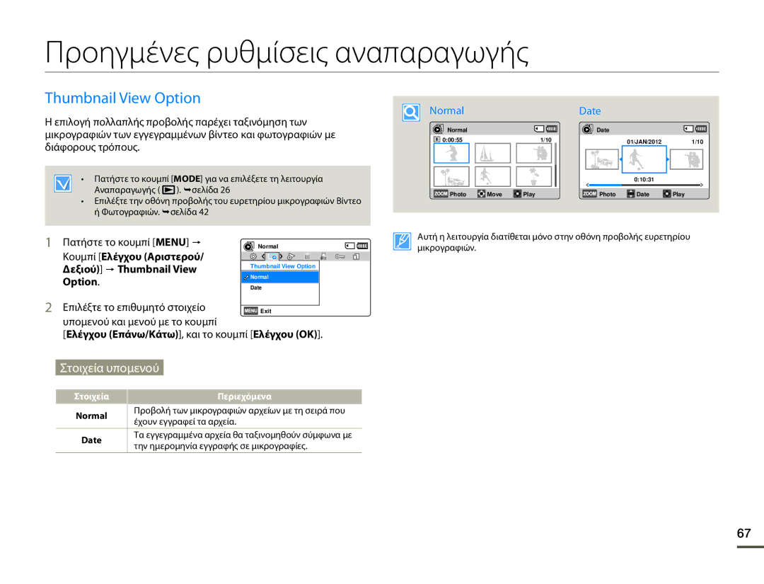 Samsung HMX-F80BP/EDC manual Προηγμένες ρυθμίσεις αναπαραγωγής, Thumbnail View Option 