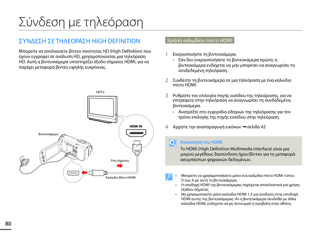 Samsung HMX-F80BP/EDC manual Σύνδεση με τηλεόραση, Συνδεση ΣΕ Τηλεοραση High Definition, Χρήση καλωδίου micro Hdmi 