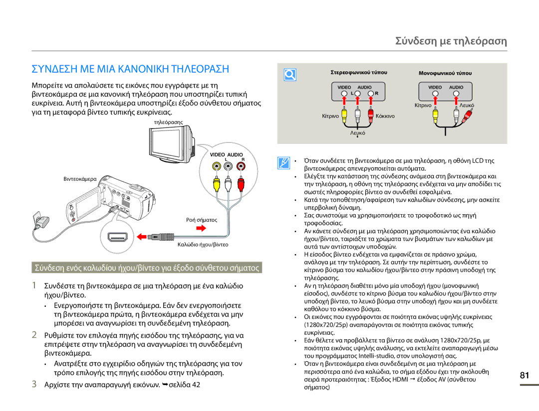 Samsung HMX-F80BP/EDC manual Σύνδεση με τηλεόραση, Συνδεση ΜΕ ΜΙΑ Κανονικη Τηλεοραση 