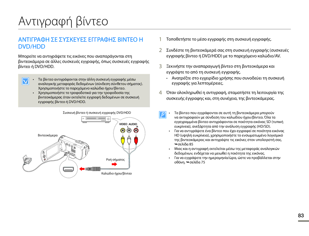 Samsung HMX-F80BP/EDC manual Αντιγραφή βίντεο, Αντιγραφη ΣΕ Συσκευεσ Εγγραφησ Βιντεο Η DVD/HDD 