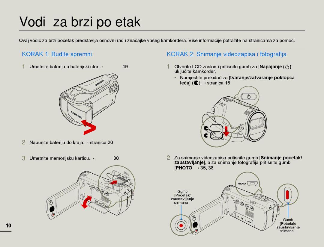 Samsung HMX-F80BP/EDC manual Vodič za brzi početak, XNOMXþLWHNDPNRUGHU, 1DSXQLWHEDWHULMXGRNUDMD ¬VWUDQLFD 