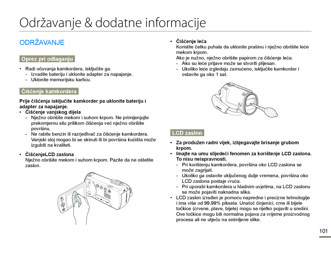 Samsung HMX-F80BP/EDC Održavanje & dodatne informacije, 25ä$9$1, Oprez pri odlaganju, Čišćenje kamkordera, LCD zaslon 