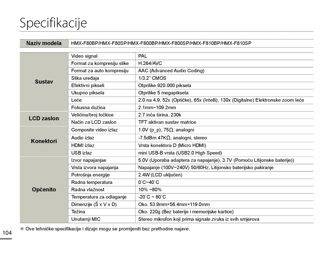 Samsung HMX-F80BP/EDC manual Specifikacije,  