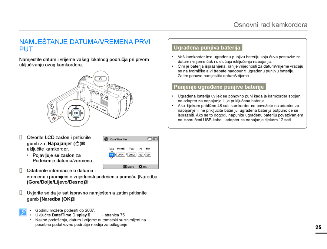 Samsung HMX-F80BP/EDC manual $0-â7$1-$780$9501$359,, Ugrađena punjiva baterija, Punjenje ugrađene punjive baterije 