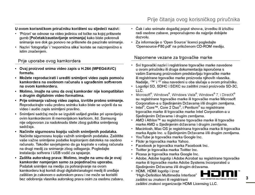 Samsung HMX-F80BP/EDC manual Prije uporabe ovog kamkordera, Napomene vezane za trgovačke marke, Llc 