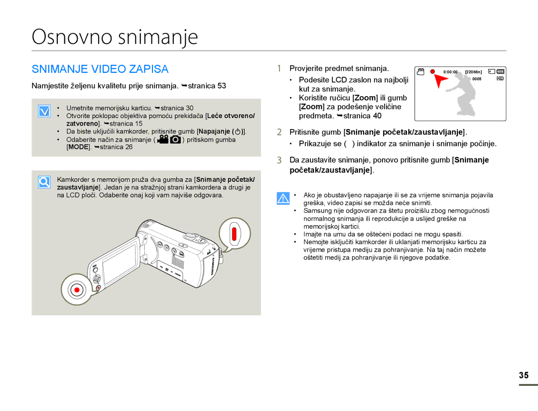 Samsung HMX-F80BP/EDC manual Osnovno snimanje, 61,0$1-9,2=$3,6$, 3ULWLVQLWHJXPESnimanje početak/zaustavljanje 