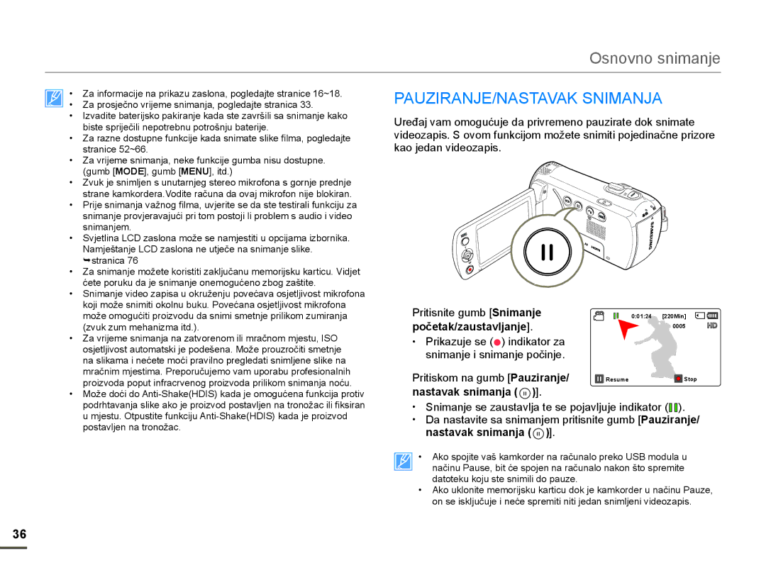 Samsung HMX-F80BP/EDC manual $8=,5$1-1$67$9$.61,0$1-$, NdrMhgdqYlghrdslv, Nastavak snimanja, Vqlpdqmhp 