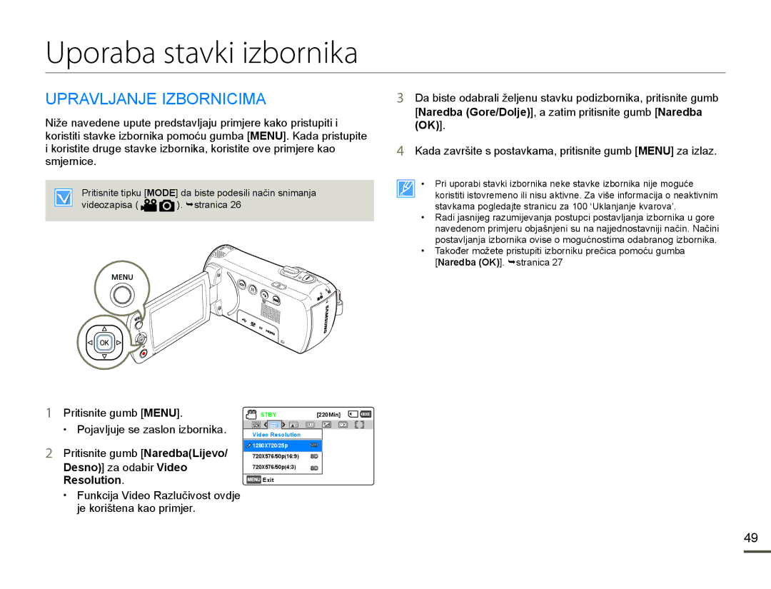 Samsung HMX-F80BP/EDC manual Uporaba stavki izbornika, 835$9/-$1-,=%251,&,0$, Vpmhuqlfh, 3ULWLVQLWHJXPEMENU 