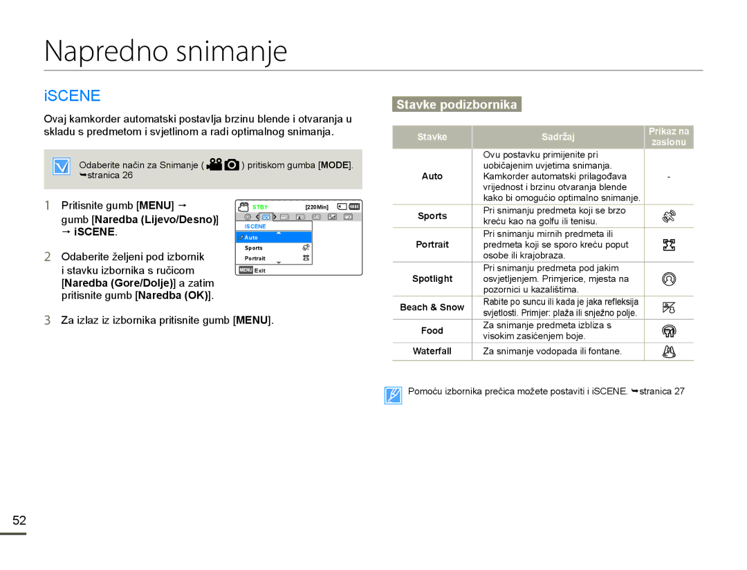 Samsung HMX-F80BP/EDC manual Napredno snimanje, L6&1, JXPENaredba Lijevo/Desno p iSCENE, Naredba Gore/Dolje a zatim 