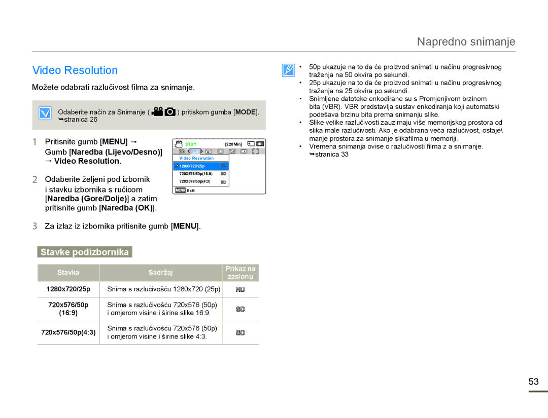 Samsung HMX-F80BP/EDC manual 9LGHR5HVROXWLRQ, 0RåHWHRGDEUDWLUDOXþLYRVWILOPDDVQLPDQMH 