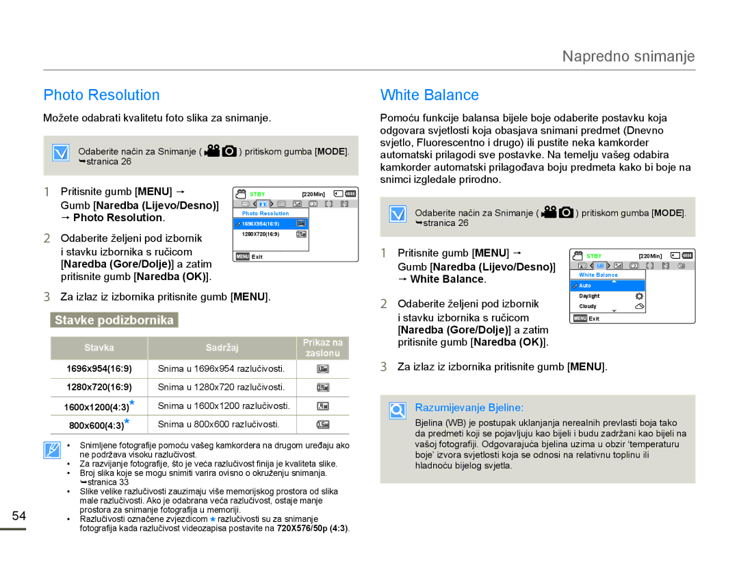 Samsung HMX-F80BP/EDC 3KRWR5HVROXWLRQ, Snimci izgledale prirodno 3ULWLVQLWHJXPEMENU p, Stavka Sadržaj Prikaz na Zaslonu 