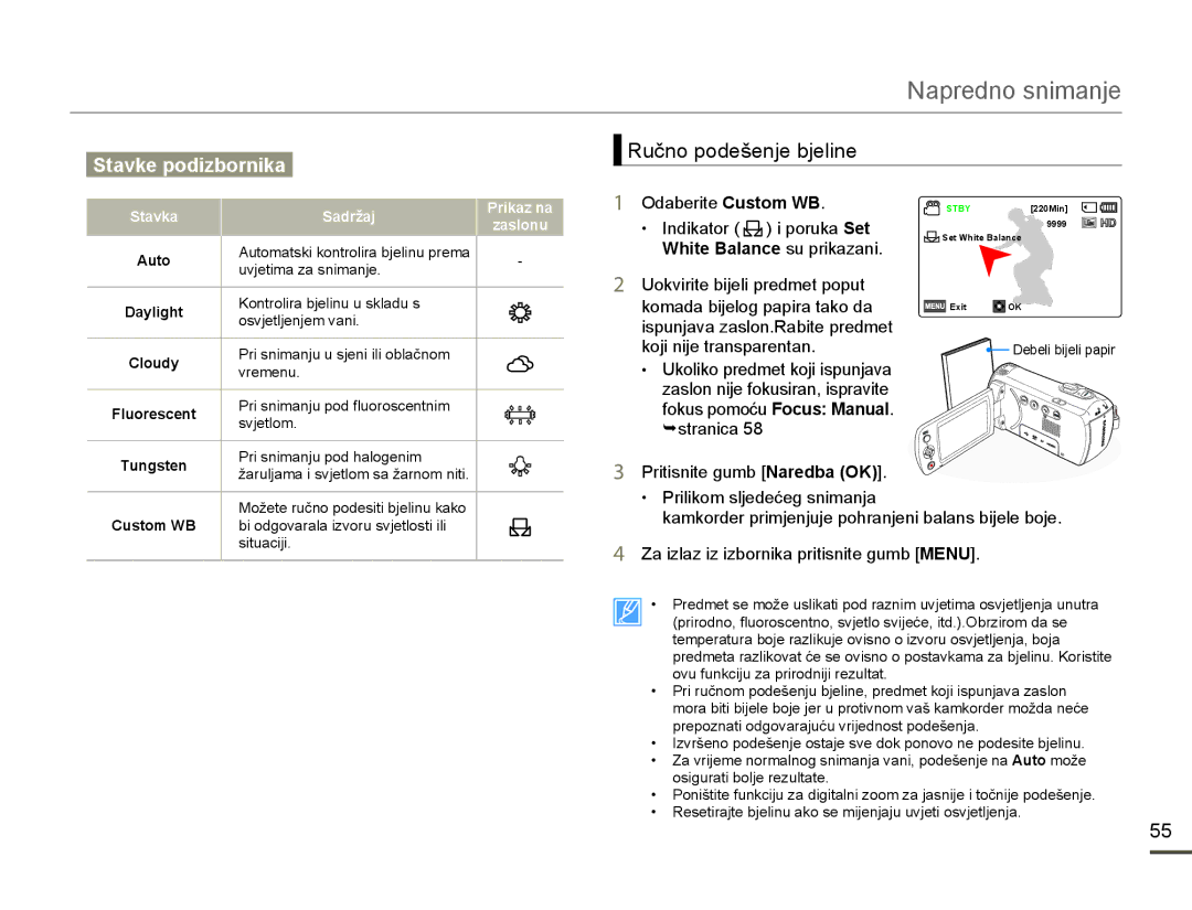 Samsung HMX-F80BP/EDC manual 5XþQRSRGHãHQMHEMHOLQH, 2GDEHULWHCustom WB, White Balance su prikazani 