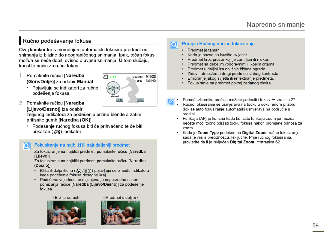 Samsung HMX-F80BP/EDC manual 5XþQRSRGHãDYDQMHIRNXVD, Gore/Dolje@DRGDELUManual.9999, Desno 