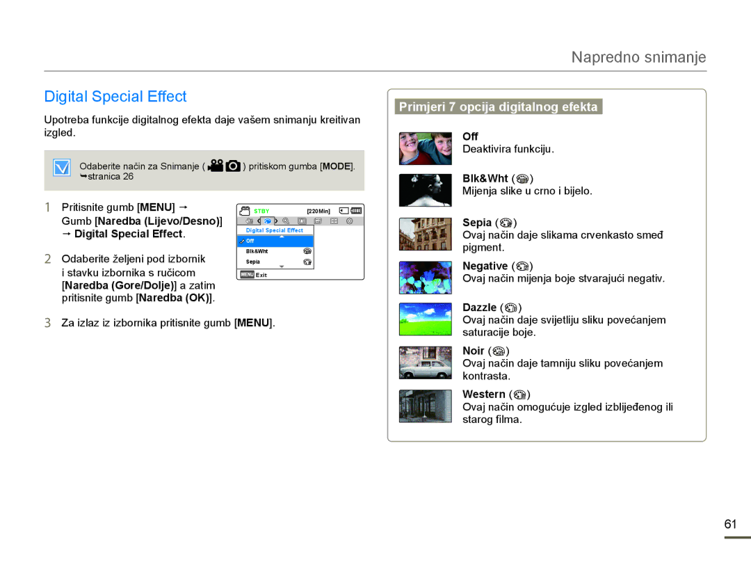 Samsung HMX-F80BP/EDC manual LJLWDO6SHFLDOIIHFW, Primjeri 7 opcija digitalnog efekta, Off, Sepia , Dazzle  