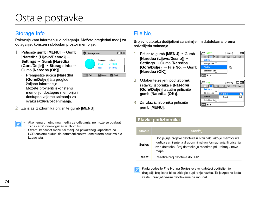 Samsung HMX-F80BP/EDC manual Ostale postavke, 6WRUDJH,QIR, LOH1R 