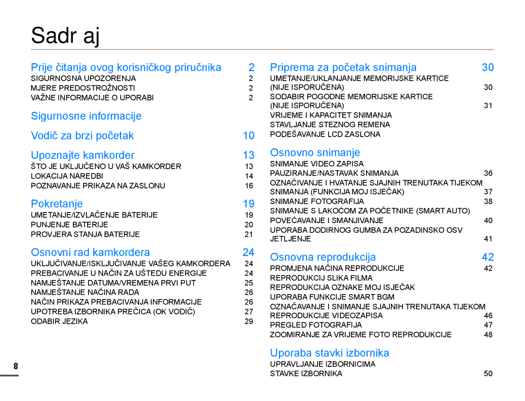 Samsung HMX-F80BP/EDC Sadržaj, 807$1-,=9/$ý1-%$75, 807$1-8./$1-$1-0025,-6..$57,&, 62$%,532*210025,-6..$57,& 