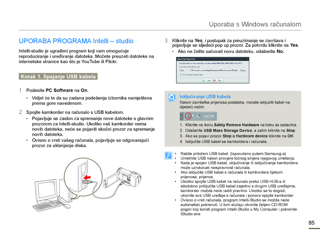 Samsung HMX-F80BP/EDC manual 8325$%$352*5$0$,QWHOOL±VWXGLR, Korak 1. Spajanje USB kabela, Podesite PC SoftZare na On 