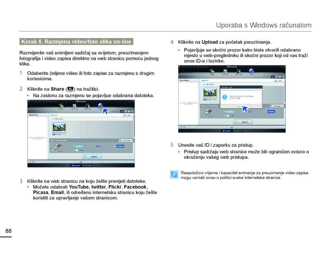 Samsung HMX-F80BP/EDC Klika, Korisnicima Kliknite na Share QDWUDåLOLFL, Kliknite na UploadDSRþHWDNSUHXLPDQMD 