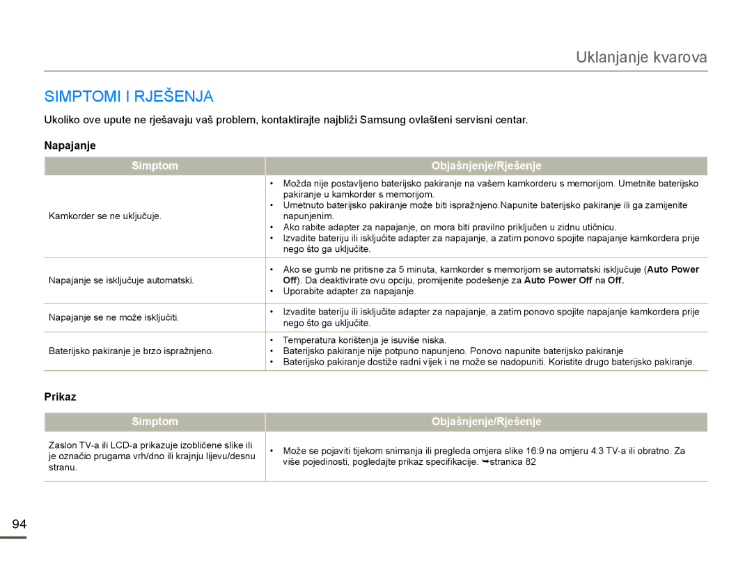 Samsung HMX-F80BP/EDC manual 03720,,5-â1-$, Napajanje, Prikaz 