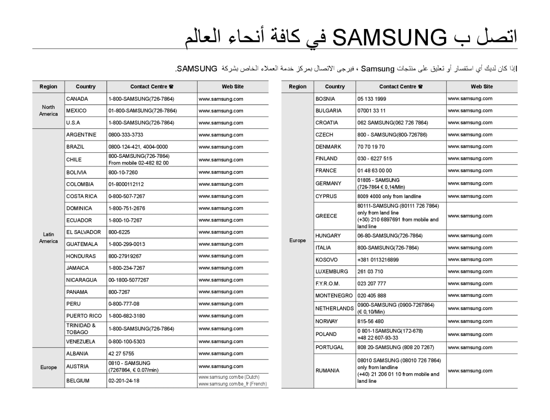 Samsung HMX-F80BP/MEA, HMX-F80BP/XER, HMX-F80SP/AAW, HMX-F80BP/AAW, HMX-F80SP/HAC manual ملاعلا ءاحنأ ةفاك يف Samsung ب لصتا 