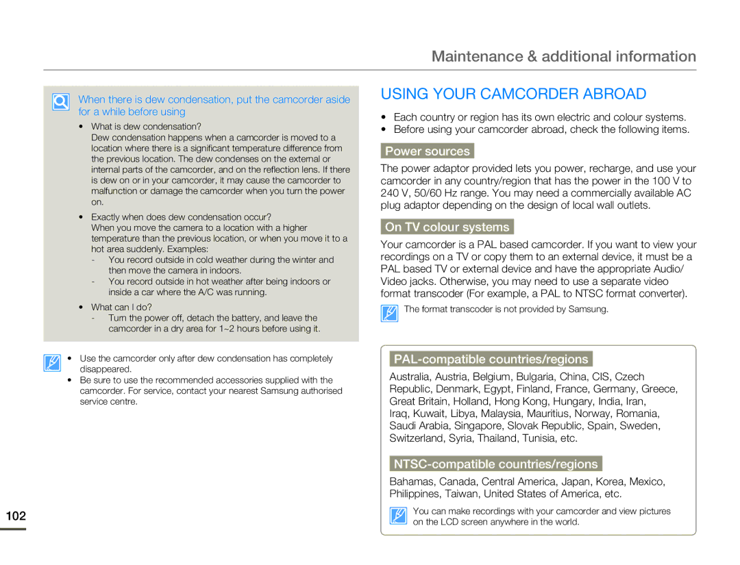 Samsung HMX-F80BP, HMX-F80SP, HMX-F800SP, HMX-F800BP Maintenance & additional information, Using Your Camcorder Abroad 