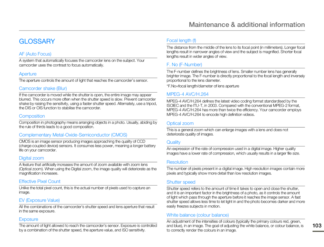 Samsung HMX-F800BP, HMX-F80SP, HMX-F800SP, HMX-F80BP user manual Glossary 