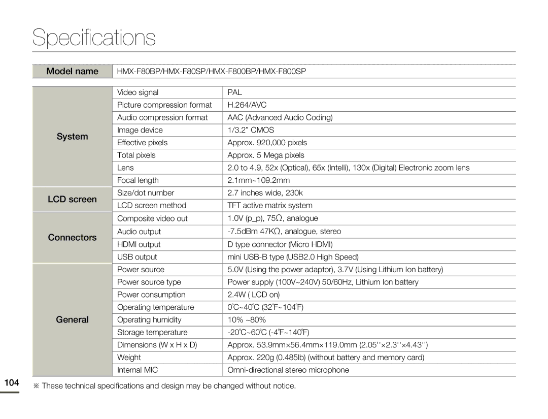 Samsung HMX-F80SP, HMX-F800SP, HMX-F80BP Specifications, Model name, System LCD screen Connectors General, Video signal 