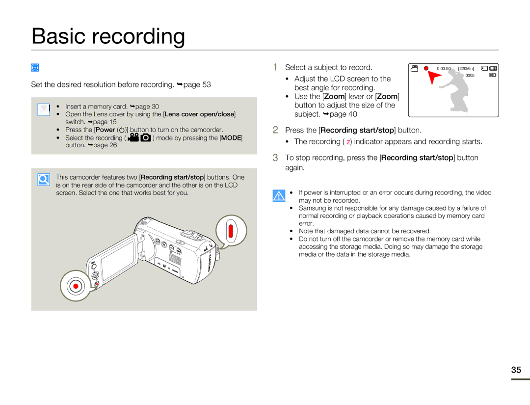 Samsung HMX-F800BP, HMX-F80SP Basic recording, Recording Videos, Set the desired resolution before recording. ¬page 