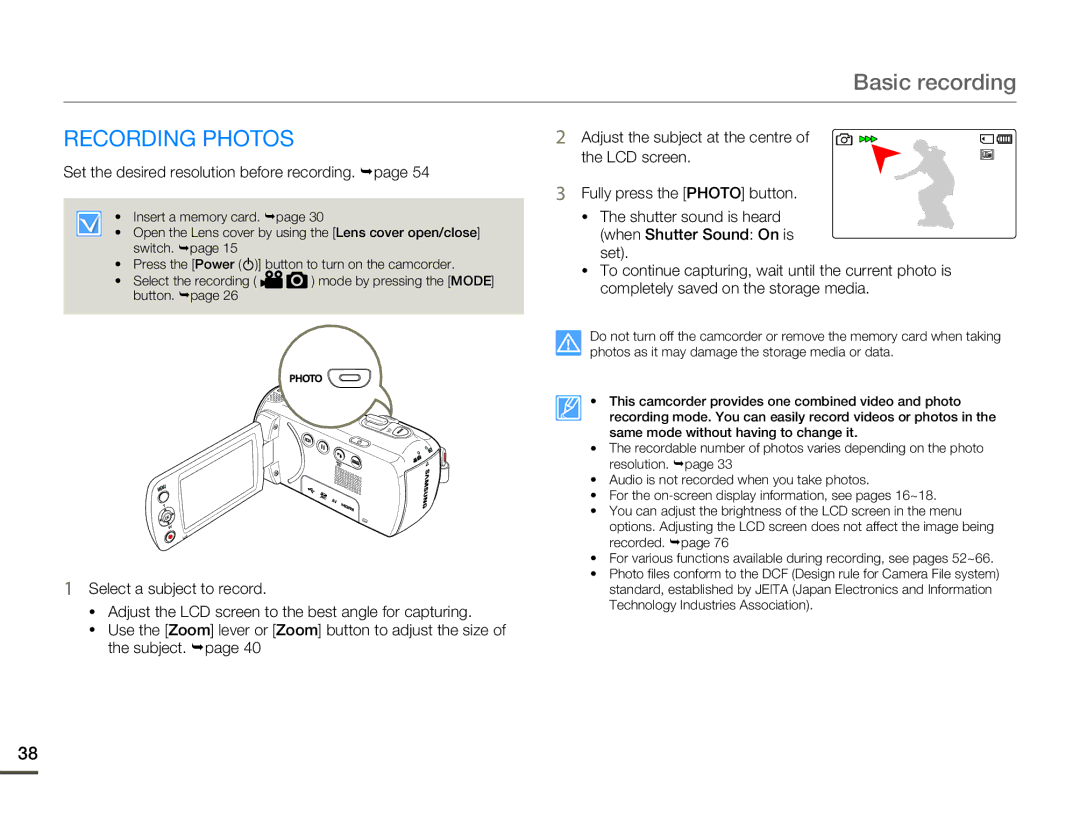 Samsung HMX-F80BP, HMX-F80SP, HMX-F800SP, HMX-F800BP Recording Photos, Set the desired resolution before recording. ¬page 