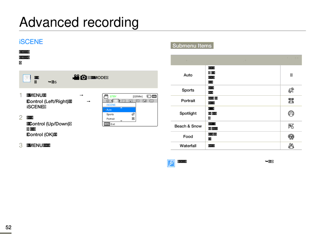 Samsung HMX-F80SP Advanced recording, Iscene, Press the Menu button to exit the menu, Items Use On-screen Display 