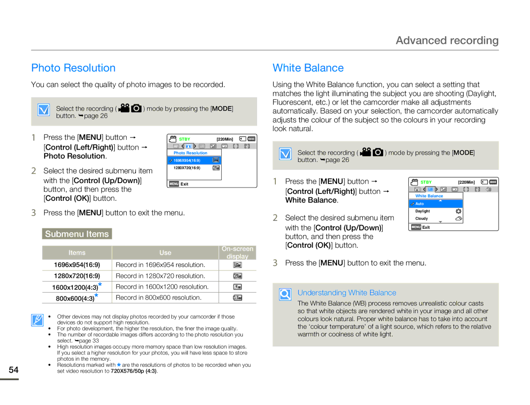 Samsung HMX-F80BP, HMX-F80SP, HMX-F800SP, HMX-F800BP user manual Photo Resolution White Balance, Understanding White Balance 