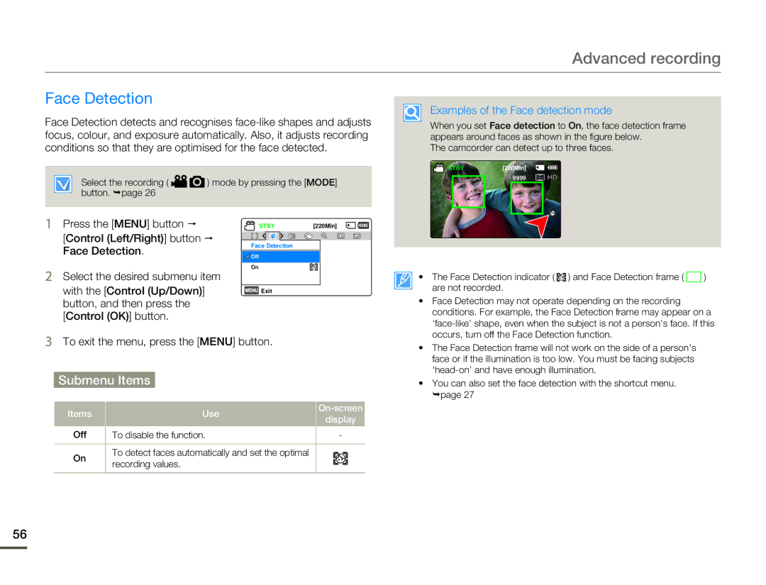 Samsung HMX-F80SP, HMX-F800SP Face Detection, Examples of the Face detection mode, To exit the menu, press the Menu button 