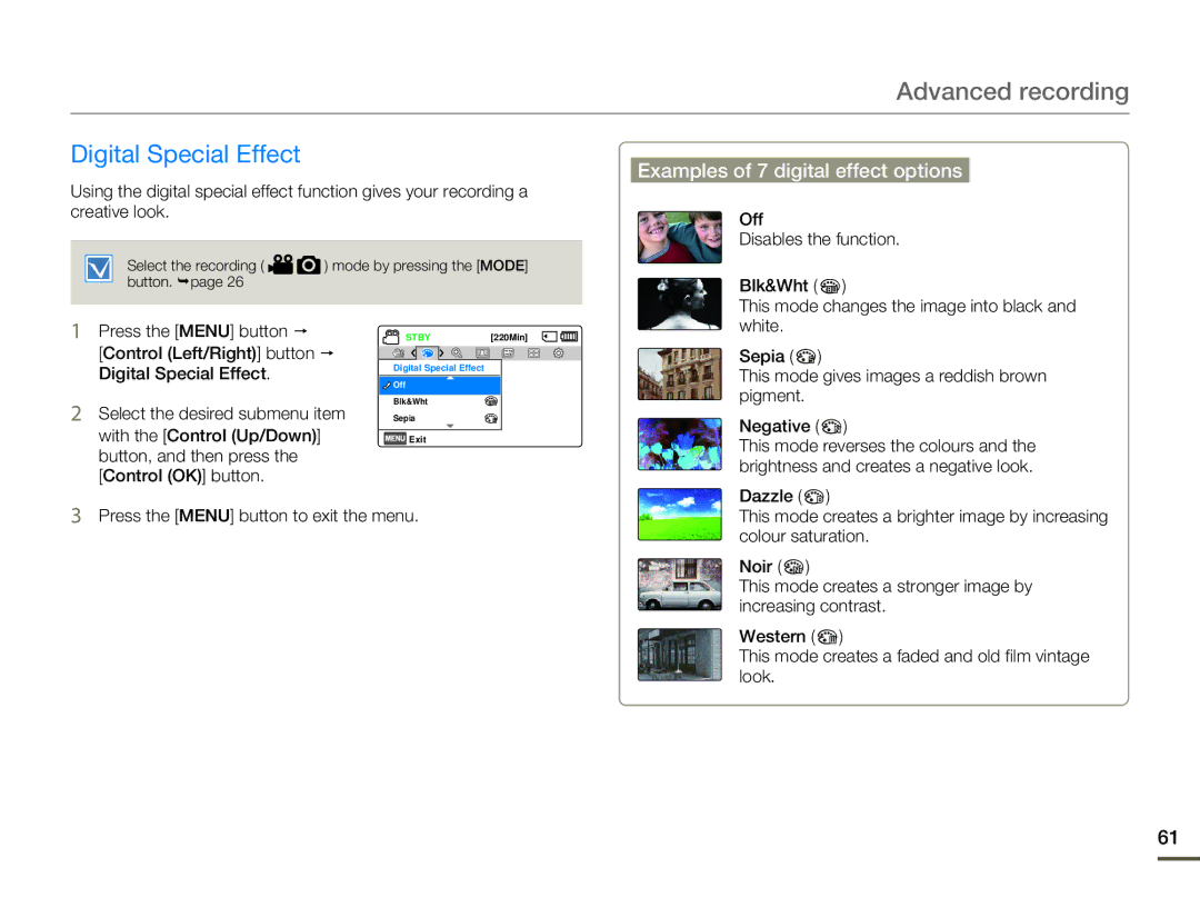 Samsung HMX-F800SP, HMX-F80SP, HMX-F80BP, HMX-F800BP user manual Digital Special Effect, Examples of 7 digital effect options 